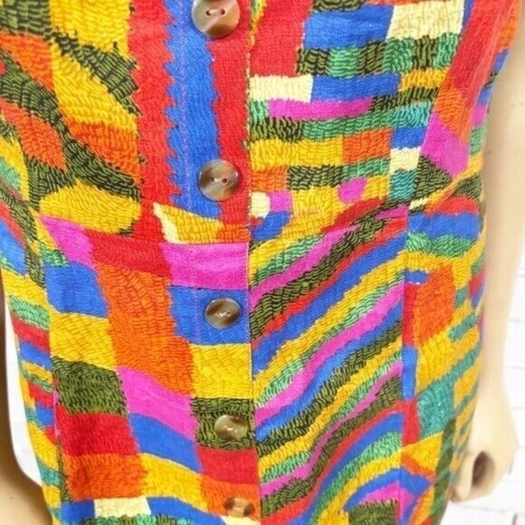 Farm Rio Mixed Patchwork Geometric Button Front Mini Dress Multicolor | Size L - Picture 13 of 16